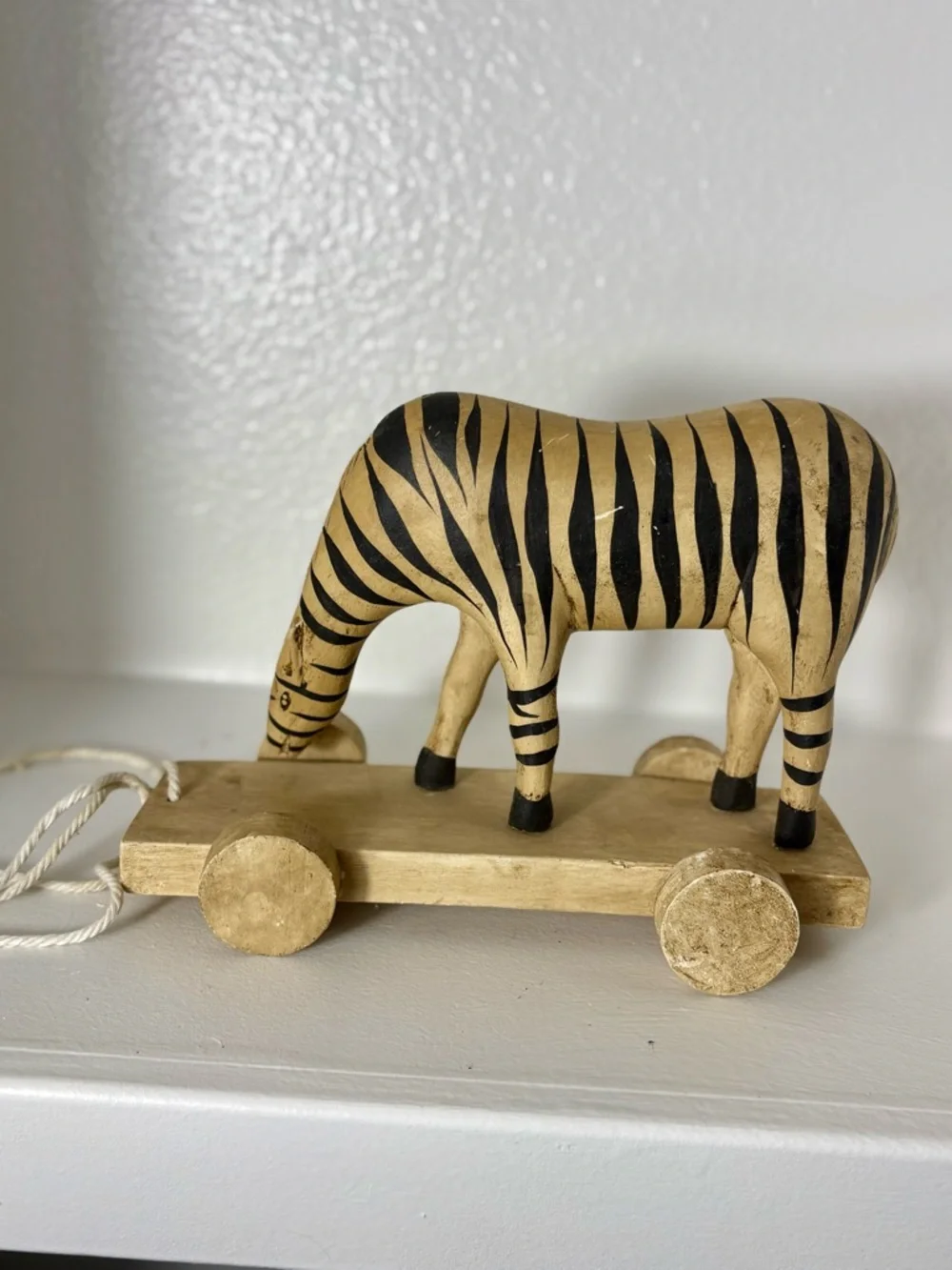 Vintage Hand Carved Wooden Zebra Pull Toy on Wheels Hanford Thailand Folk Art